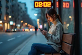 Femme pensante regardant l'horloge sur son téléphone dans un arrêt de bus urbain