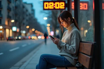 Femme pensante regardant l'horloge sur son téléphone dans un arrêt de bus urbain