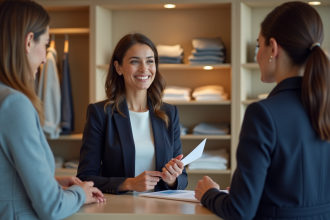Femme en blazer navy achetant dans une boutique élégante