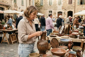 Femme examinant un vase en céramique vintage sur un stand de brocante en plein air dans un village du sud de la France