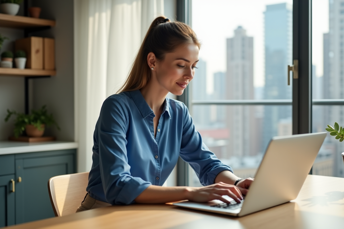 Femme assise à une table de cuisine moderne utilisant un ordinateur portable