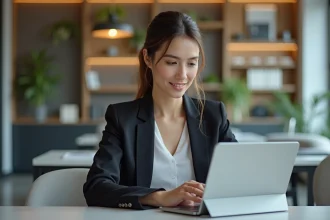 Femme en bureau moderne utilisant une tablette numérique