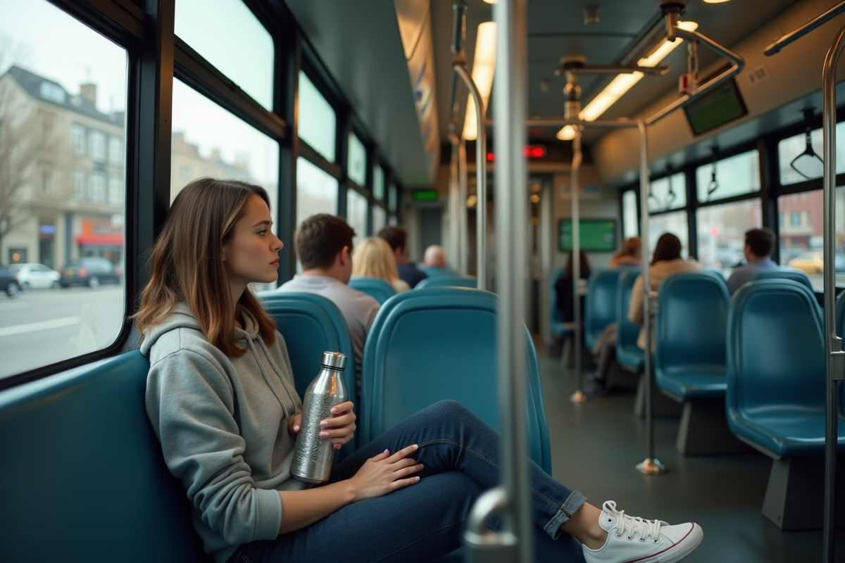 Jeune femme dans un bus urbain regardant par la fenêtre