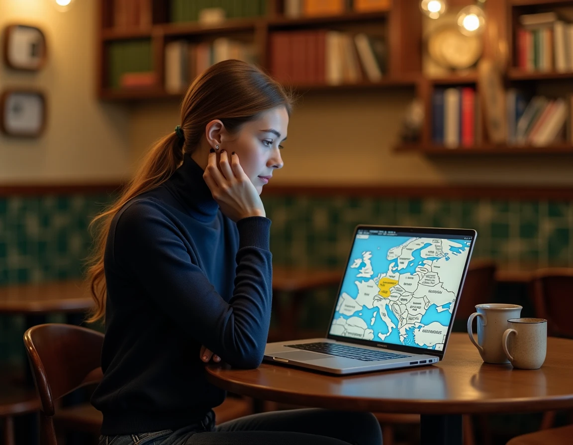 Femme travaillant sur une carte de la Tchéquie dans un café traditionnel de Prague