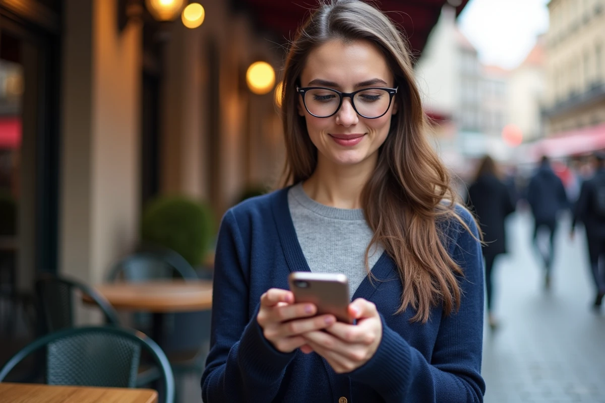 Femme au café regardant son smartphone en extérieur