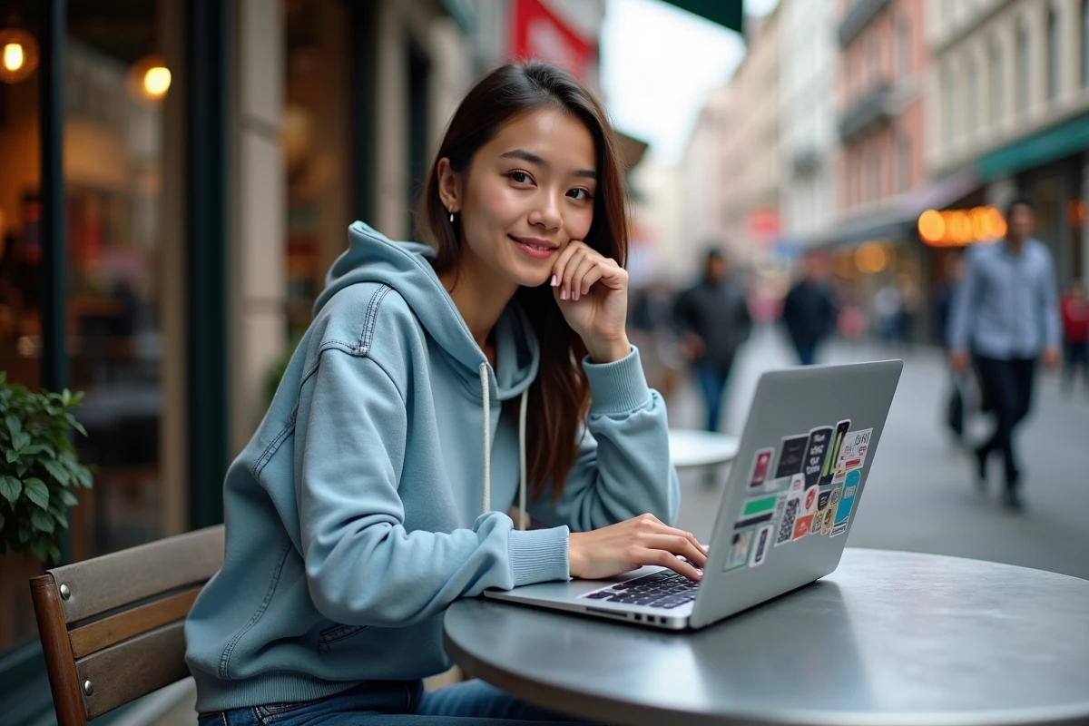 Jeune femme au café avec stickers de cybersécurité