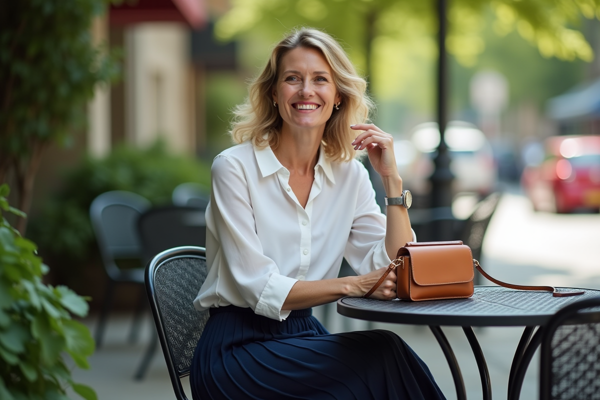 Femme souriante assise au café avec sac minimaliste