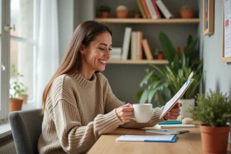 Femme consultant un calendrier des prénoms affiché au mur dans un bureau à domicile chaleureux