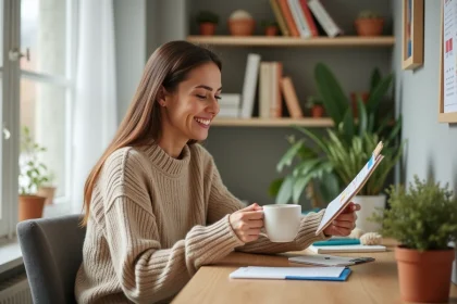 Femme consultant un calendrier des prénoms affiché au mur dans un bureau à domicile chaleureux