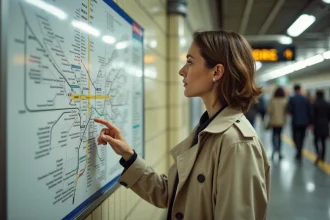 Femme consultant un plan du RER parisien affiché dans une station, doigt pointant une correspondance entre lignes