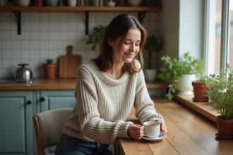 Jeune femme en sweater cosy buvant une tisane à la maison