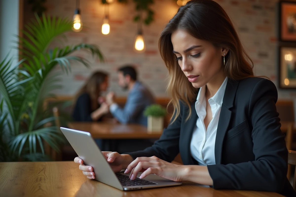 Femme en coworking utilisant une tablette avec des graphiques