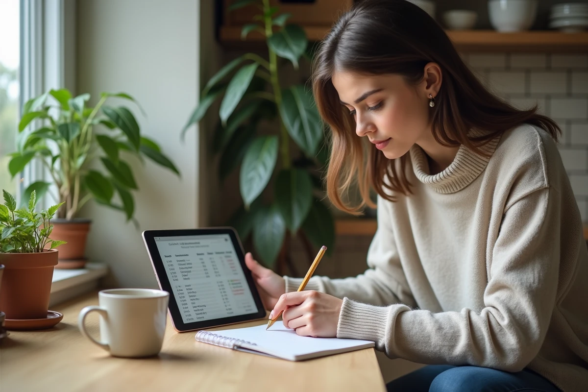Jeune femme utilisant une tablette pour convertir des mesures à la maison