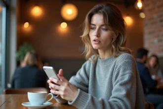 Femme découvrant l'heure 14h41 sur son téléphone dans un café, expression de surprise et de curiosité face à un moment synchronistique