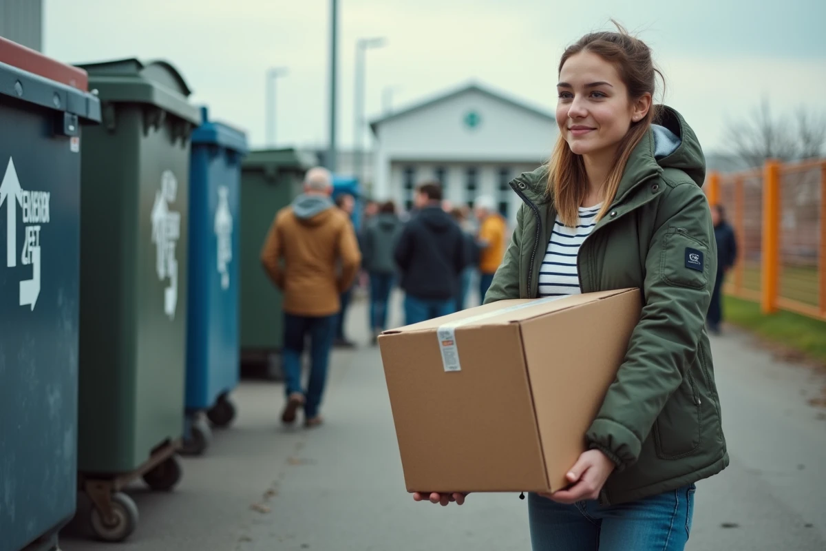 Jeune femme portant carton dans le centre de recyclage