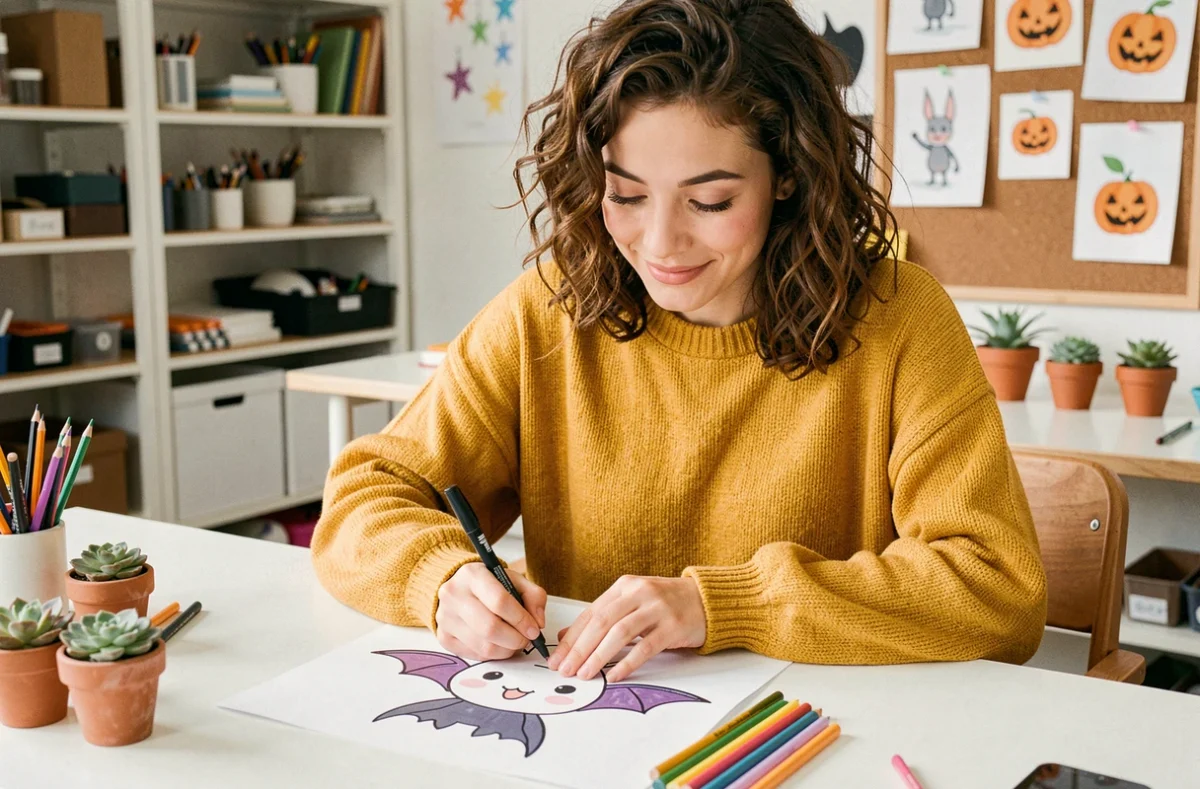 Jeune femme dessinant des chauves-souris kawaii pour Halloween dans un atelier créatif chaleureux