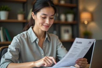 Femme examinant une facture papier avec la mention 269 St dans un bureau à domicile