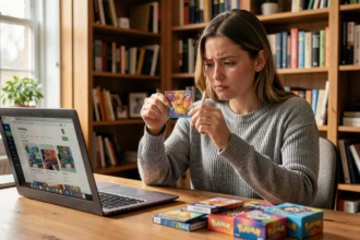 Jeune femme examinant des boosters Pokémon achetés sur un site en ligne, l'air dubitative face à sa commande