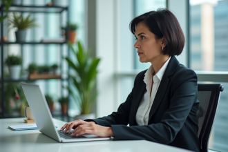 Femme d'âge moyen en formation en ligne dans un bureau lumineux