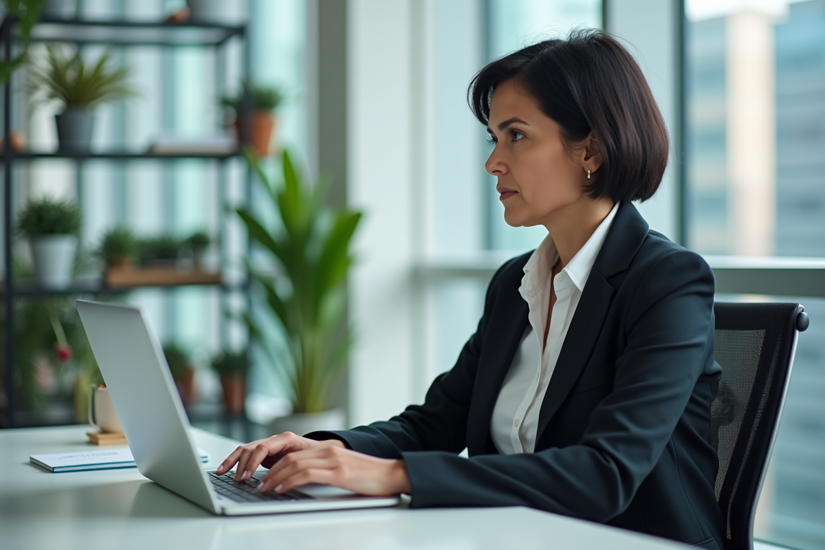Femme d'âge moyen en formation en ligne dans un bureau lumineux