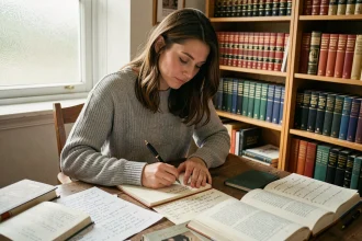 Femme concentrée écrivant des notes de grammaire française dans un carnet avec des dictionnaires ouverts sur un bureau en bois