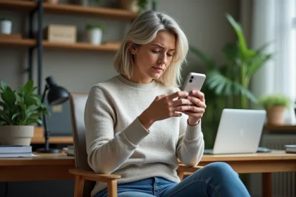 Femme d'âge moyen regardant son smartphone dans un bureau moderne