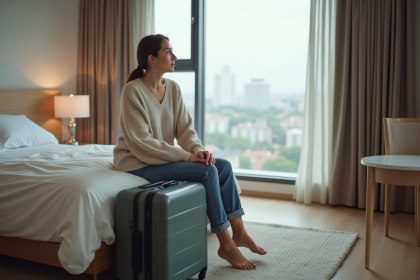 Femme assise sur le lit d'hôtel regardant par la fenêtre