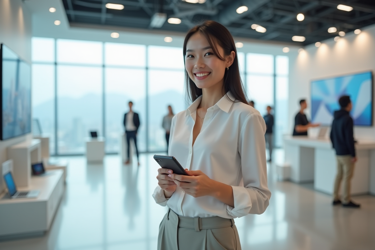 Jeune femme tenant un nouveau dispositif technologique