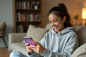 Jeune femme jouant à Monopoly GO sur smartphone pour obtenir des dés gratuits lors d'événements