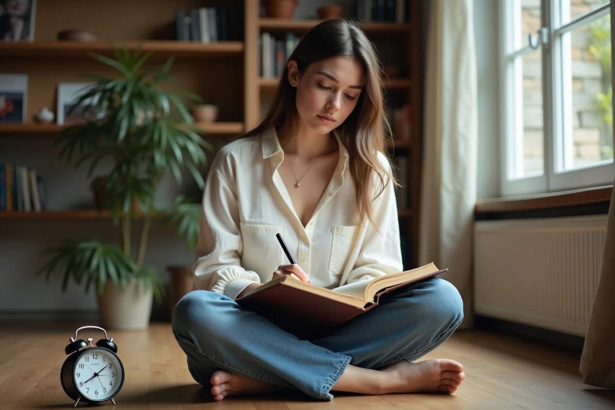 Jeune femme écrivant dans un journal intime à côté d'un réveil indiquant 14h41, moment de réflexion personnelle et de synchronicité
