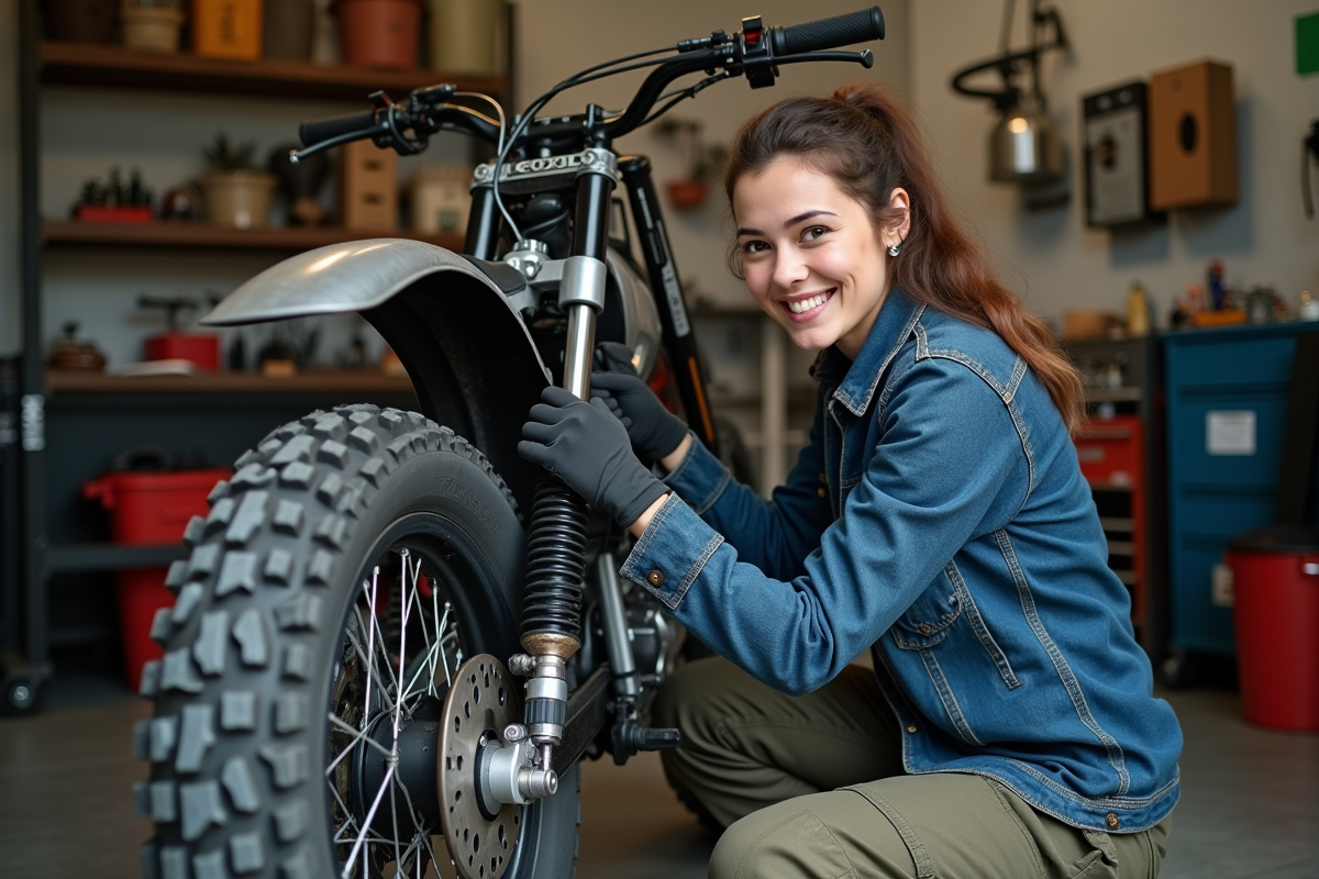 Femme mécanicien ajustant une moto dans un garage organisé
