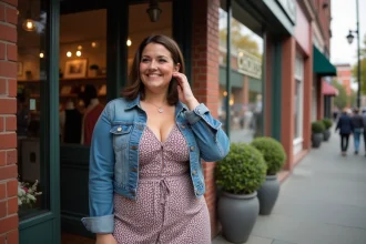 Femme confiante en robe midi tendance devant boutique