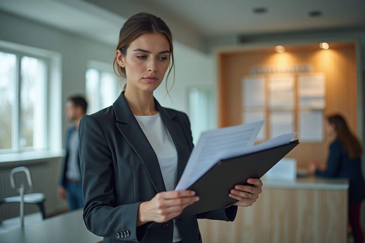 Jeune femme dans un bureau municipal lisant des documents