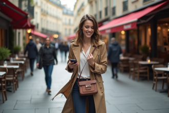 Femme élégante dans Paris avec sac en cuir beige