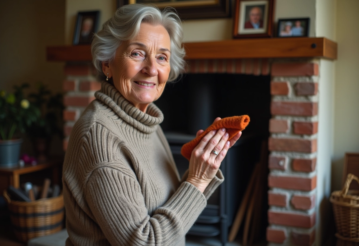 Femme âgée nettoyant la porte de cheminée dans une maison chaleureuse