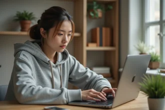 Femme utilisant un ordinateur portable pour rechercher une alternative anonyme à Coco.gg dans un bureau à domicile moderne