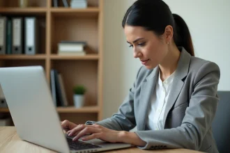 Femme cherchant une alternative fiable à un site inaccessible sur son ordinateur portable au bureau