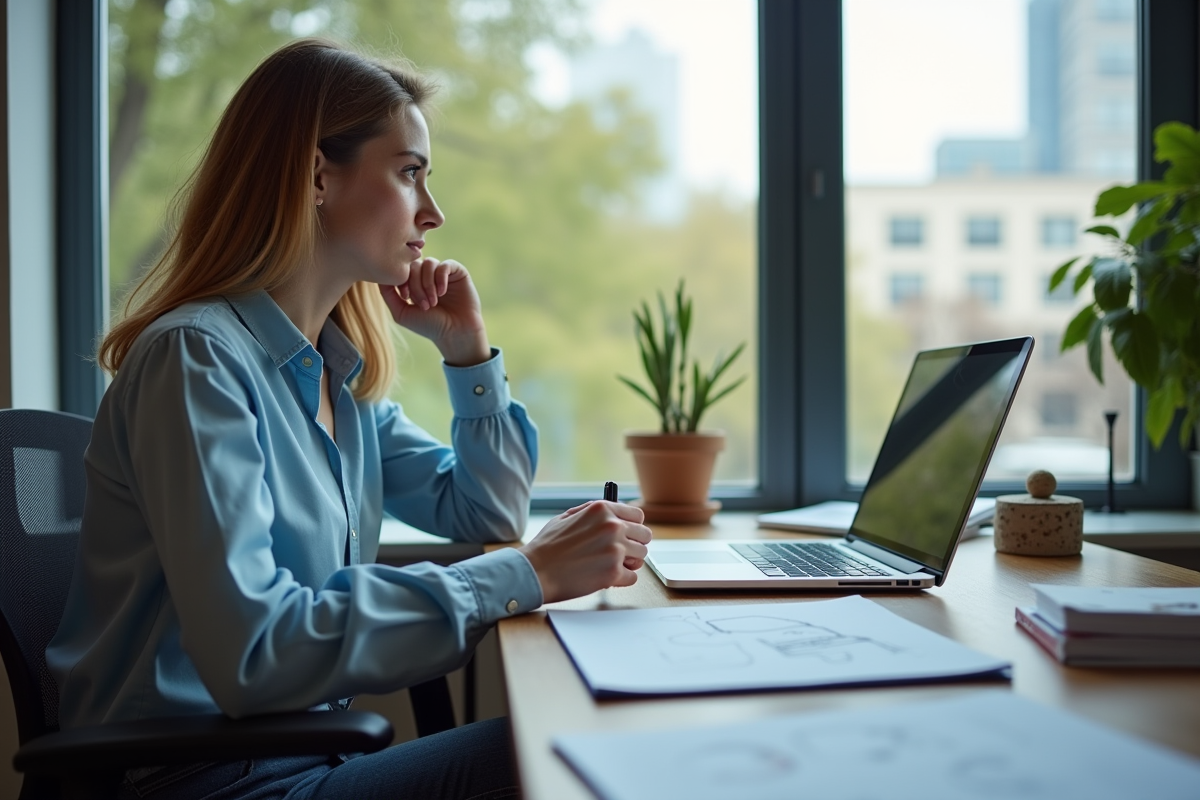 Femme pensant dans un bureau moderne avec croquis et ordinateur