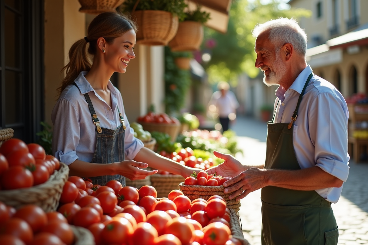 Jeune femme choisissant des tomates au marché provençal