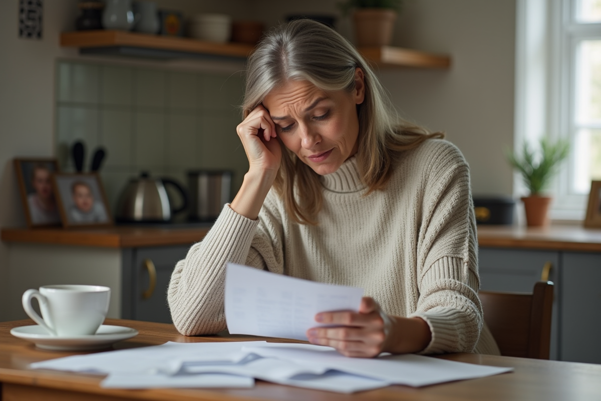 Femme d'âge moyen examinant des papiers à la maison