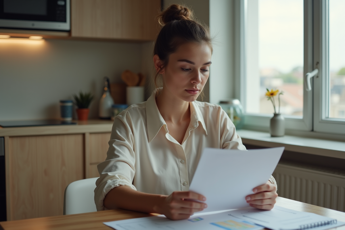 Jeune femme examine des papiers à la table de repas