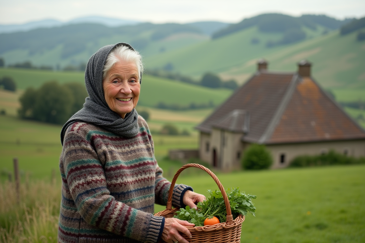 Femme âgée souriante ramassant des légumes dans la campagne