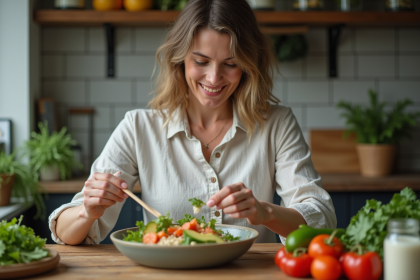 Femme préparant une salade colorée dans une cuisine rustique