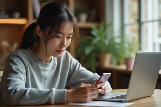 Jeune femme consultant son smartphone pour suivre les buzz du jour depuis son bureau à domicile
