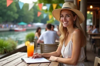 Femme souriante en été à la guinguette de La Madeleine