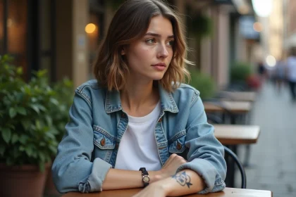 Jeune femme avec tatouage gaara sur l'avant bras en terrasse