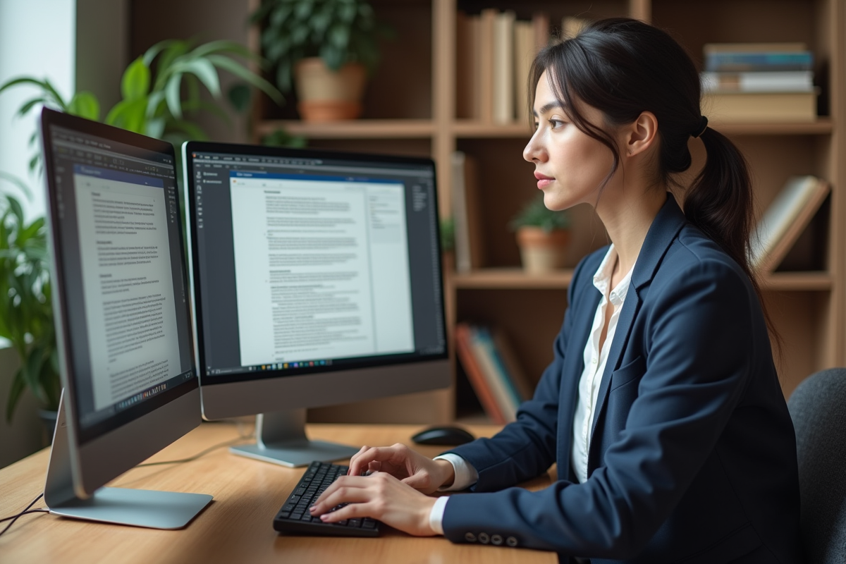 Femme en bureau moderne traduisant des documents