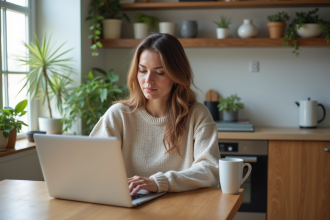 Femme en télétravail dans une cuisine lumineuse
