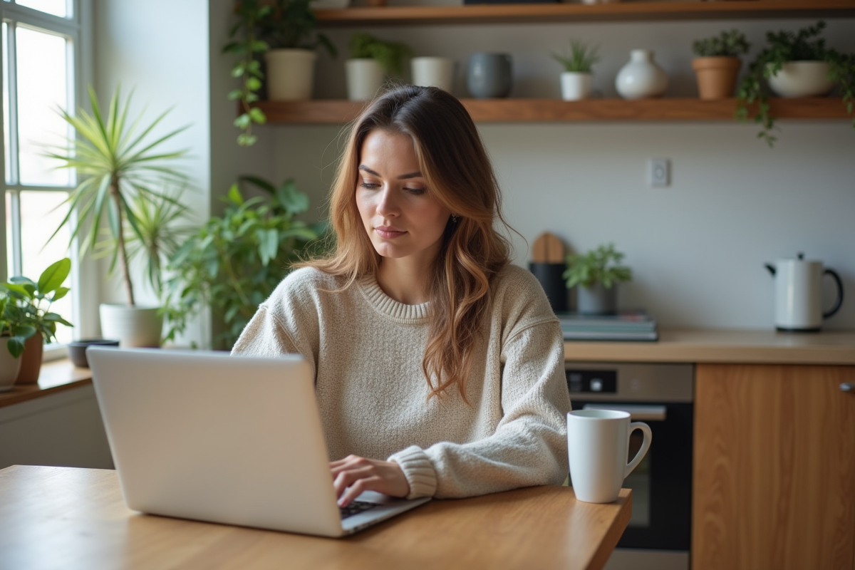 Femme en télétravail dans une cuisine lumineuse
