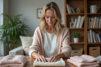 Femme d'âge moyen examinant des pulls en tricot dans un salon cosy